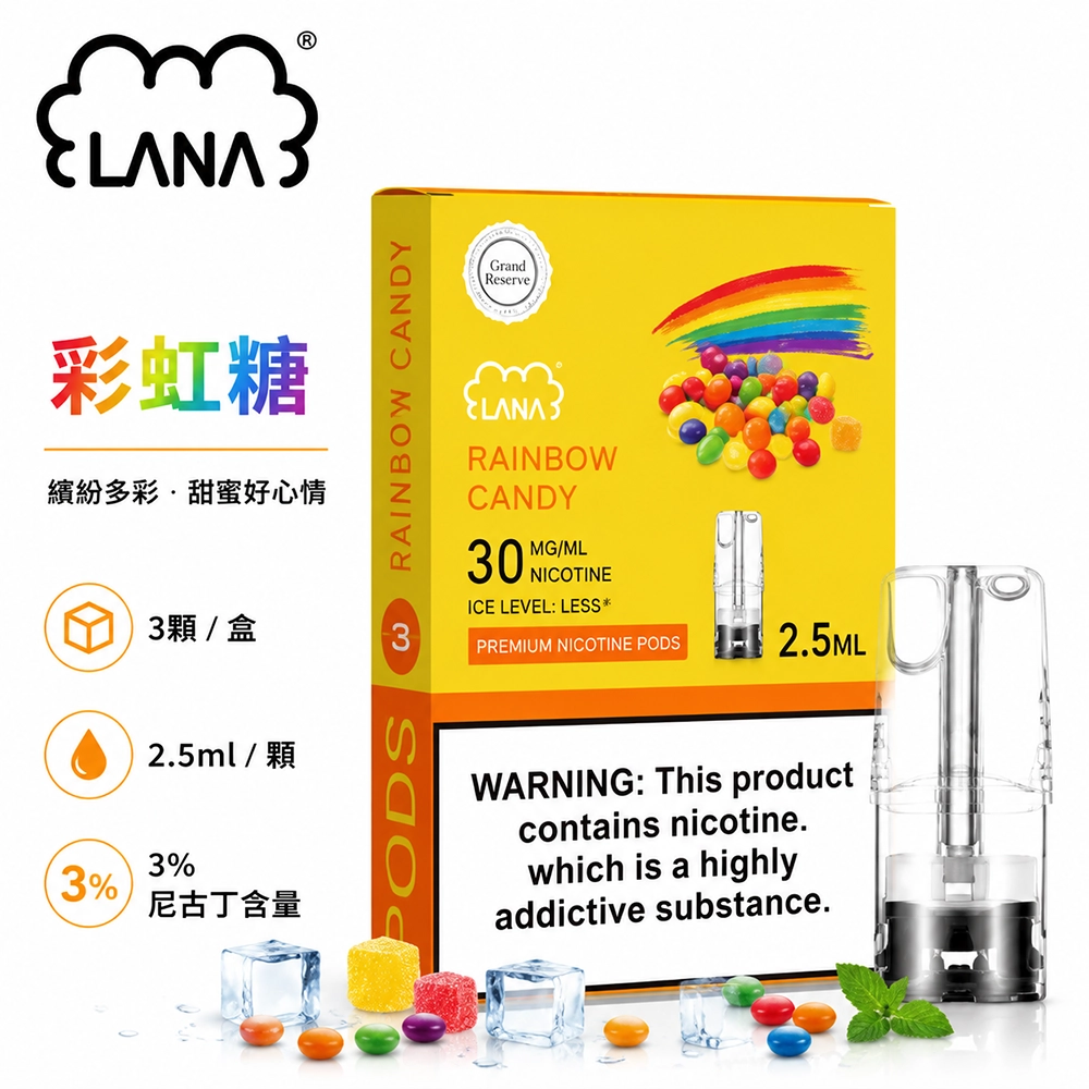 煙彈-LANA-電子煙霧化彈-彩虹糖口味 LANA 納拉 一代發光煙彈 替換式煙彈 2.5mL 陶瓷芯 Type-C