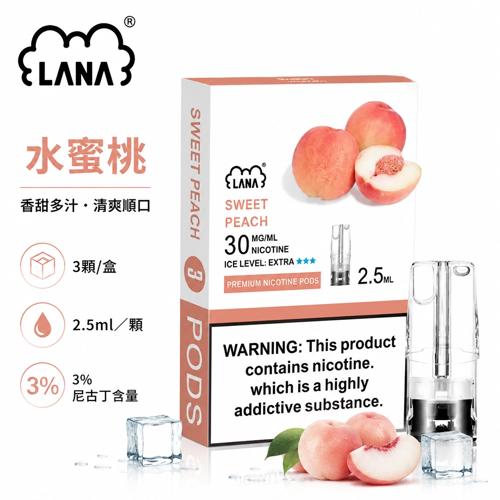 煙彈-LANA-電子煙霧化彈-水蜜桃口味 LANA 納拉 一代發光煙彈 替換式煙彈 2.5mL 陶瓷芯 Type-C