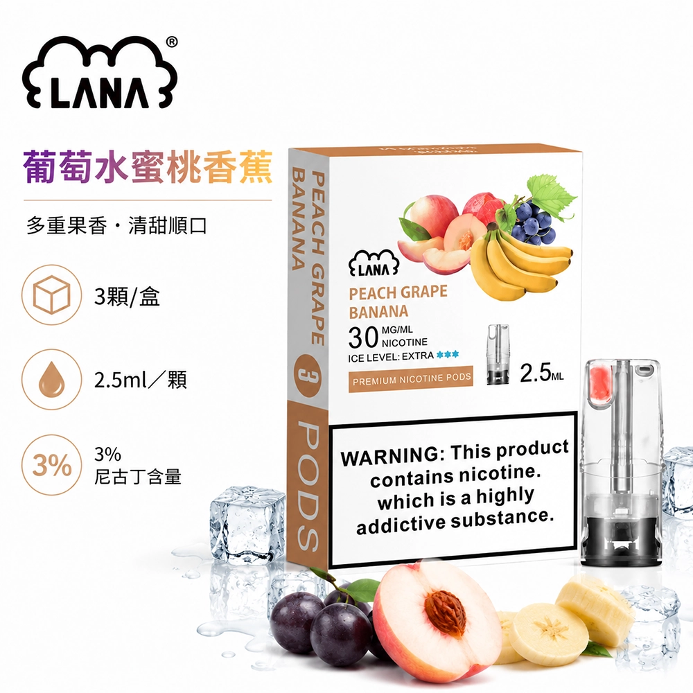 煙彈-LANA-電子煙霧化彈-葡萄水蜜桃香蕉口味 LANA 納拉 一代發光煙彈 替換式煙彈 2.5mL 陶瓷芯 Type-C